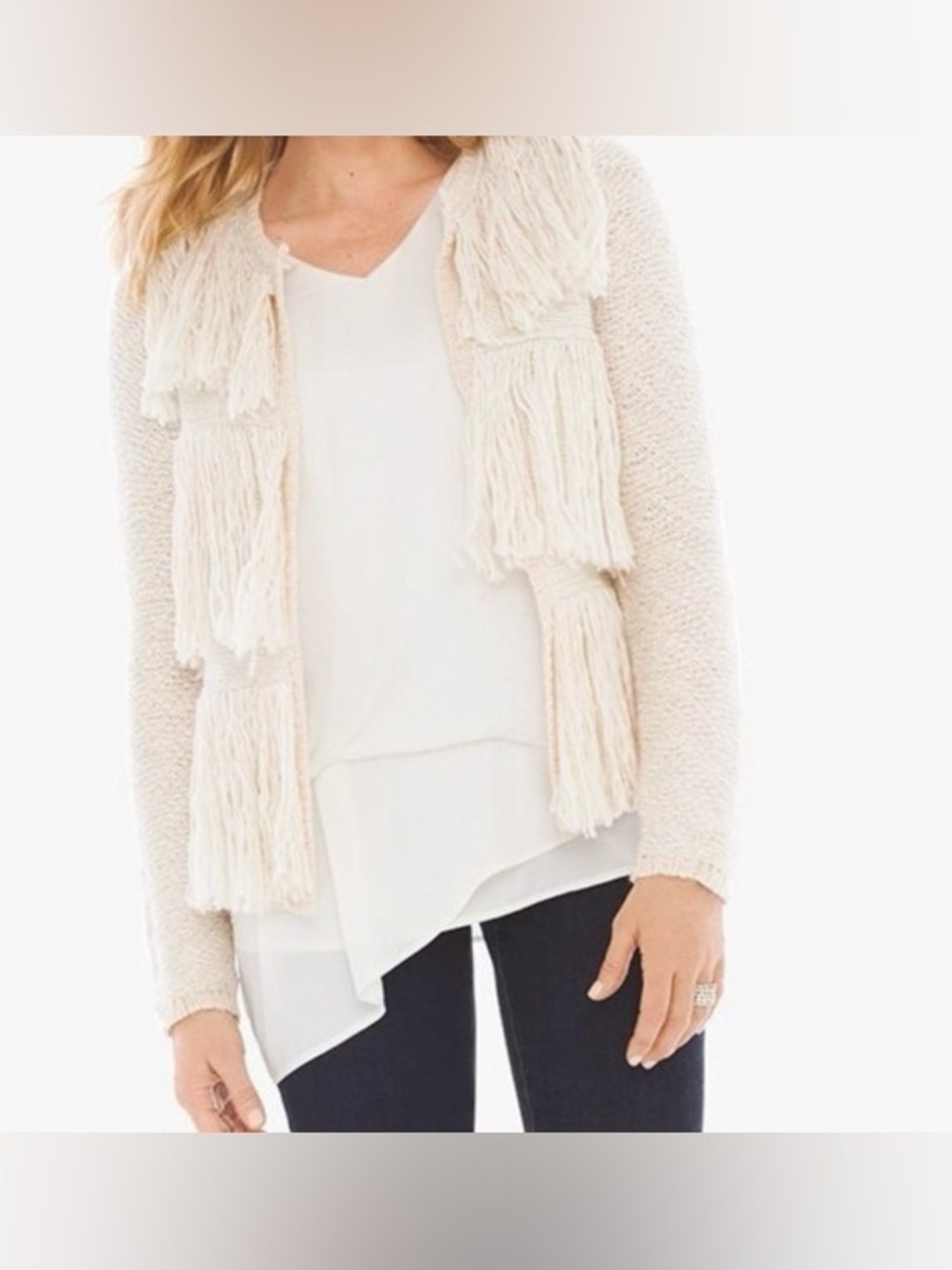 Chico's Kyleigh Fringe Cardigan in cream featuring fringe details,  size 1